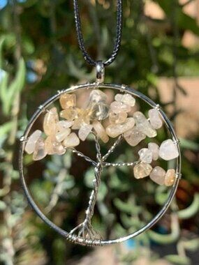 Large Citrine Crystal Tree of Life Pendant Necklace Wire Wrapped Black Cord 18"